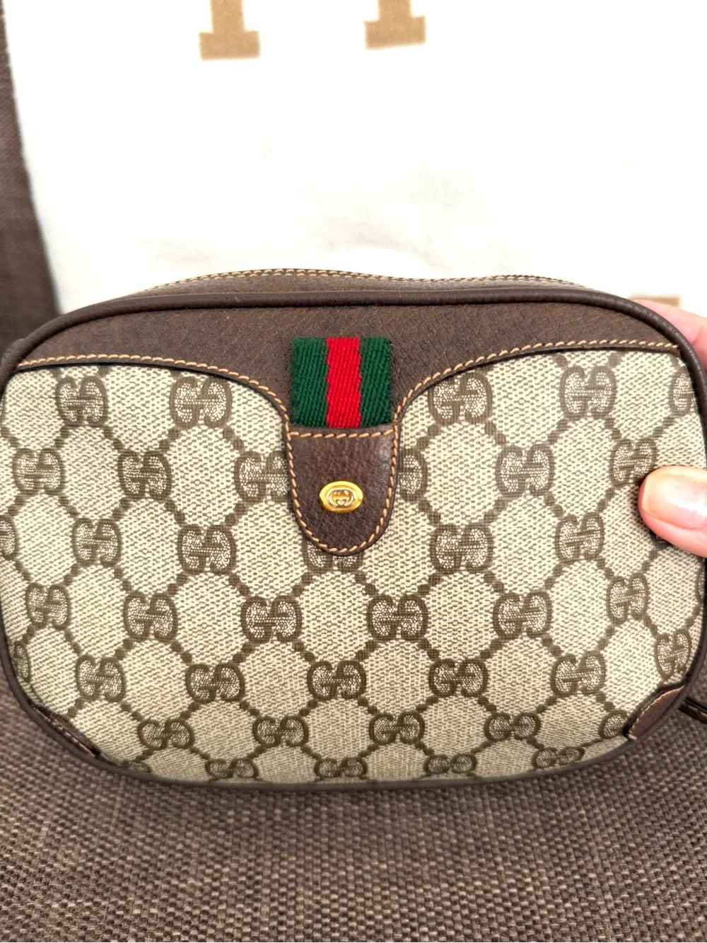 Authentic Gucci brown monogram coated canvas crossbody bag gold hardware